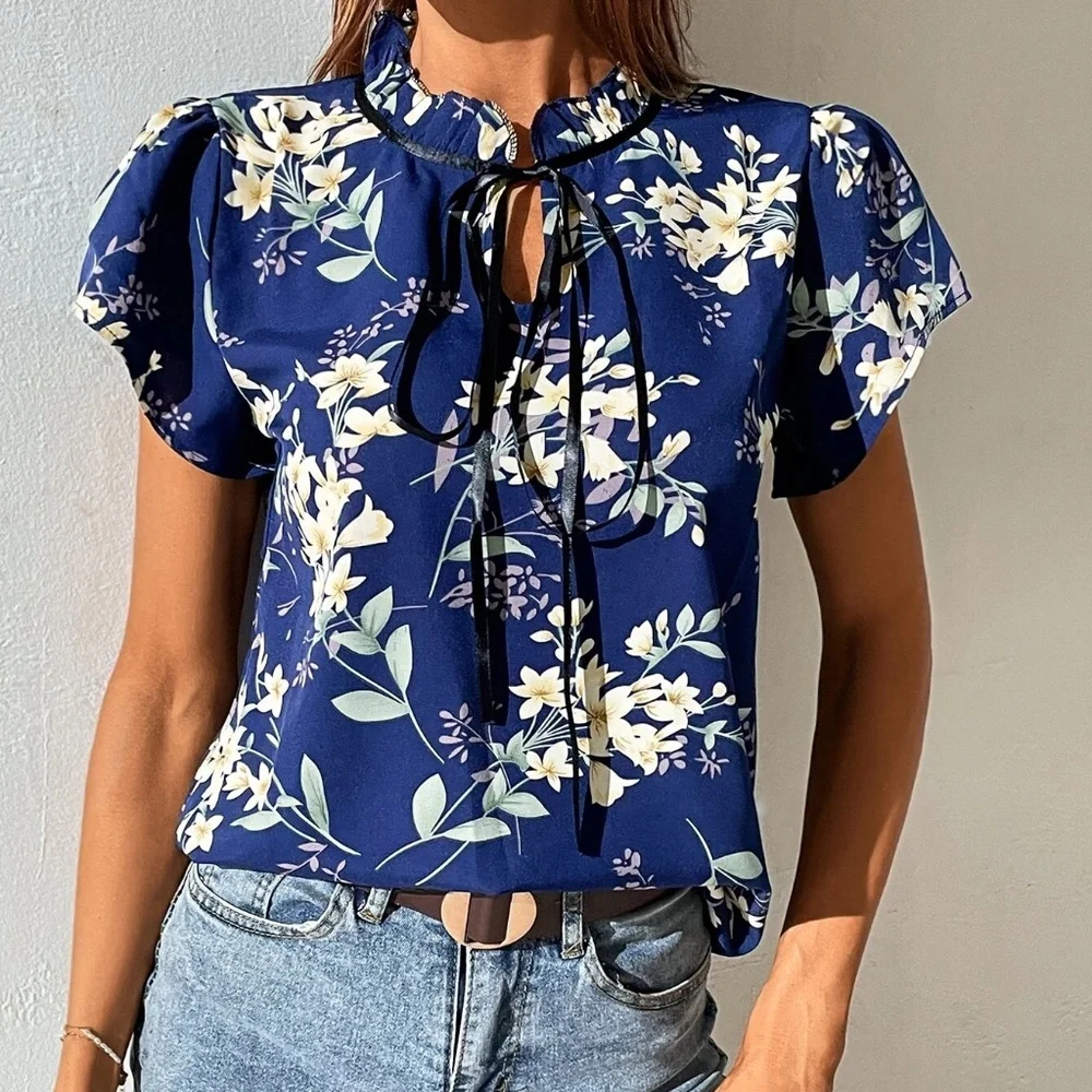 039 Boho Floral Print Mock Neck tie Blouse - Picture 2 of 7